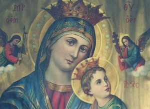 Ikona Matki Bożej Nieustającej Pomocy z&nbsp;Dzieciątkiem Jezus i&nbsp;aniołami.