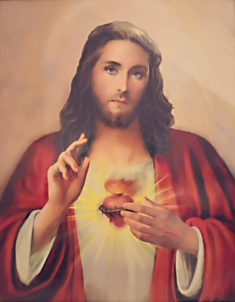 Pan Jezus z&nbsp;Najświętszym Sercem, unoszący dłoń w&nbsp;geście błogosławieństwa.