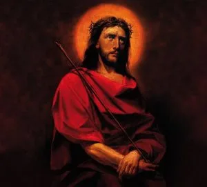 Pan Jezus w&nbsp;koronie cierniowej, czerwonym płaszczu i&nbsp;ze związanymi rękami.