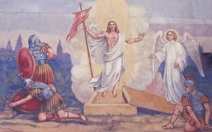 Zmartwychwstały Pan Jezus wychodzący z&nbsp;grobu w&nbsp;obecności anioła i&nbsp;rzymskich żołnierzy.
