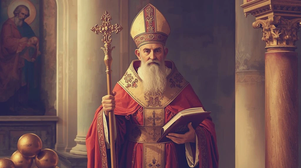 Święty Mikołaj w&nbsp;stroju biskupim, z&nbsp;pastorałem i&nbsp;otwartą księgą.
